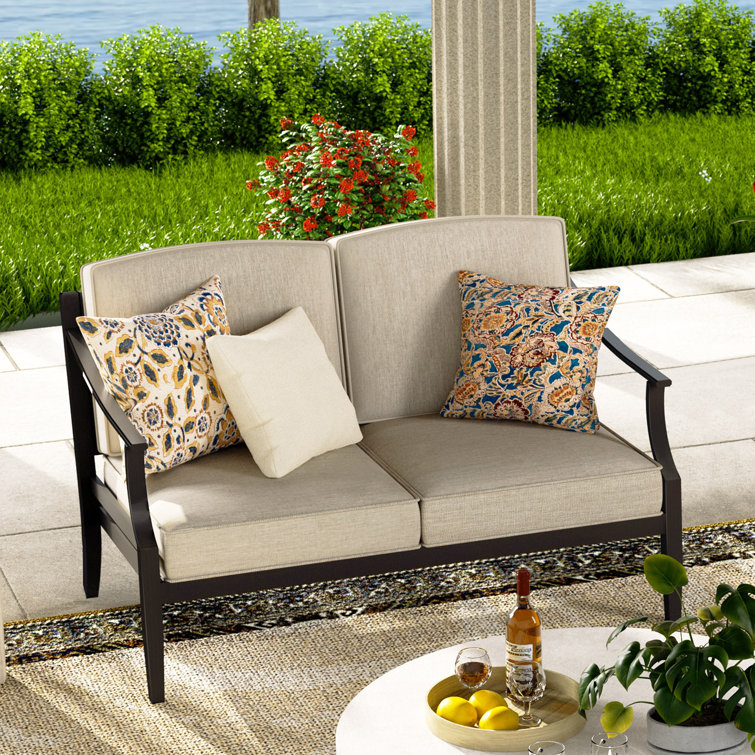 Lark Manor Patio Aluminum Loveseat With Sunbrella Cushions Wayfair